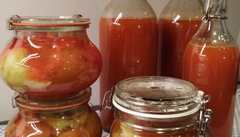Passata en tomatenstukjes geweckt in flessen en bokalen